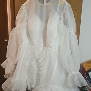 Elegant White Ruffled Dress with Sheer Sleeves